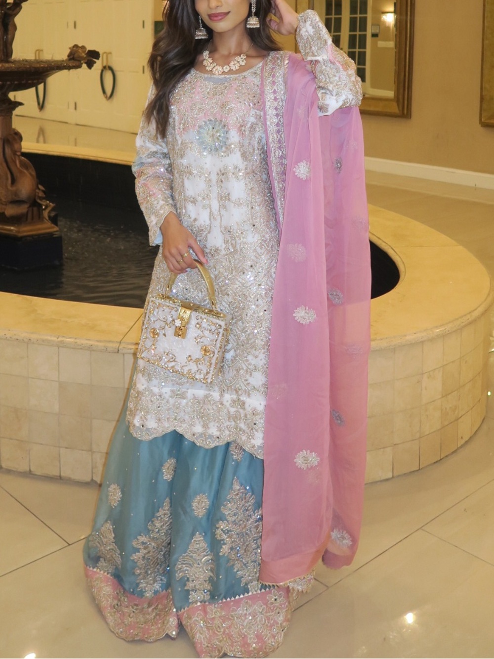 Embellished Pink & Teal Maxi Dress with Sheer Dupatta